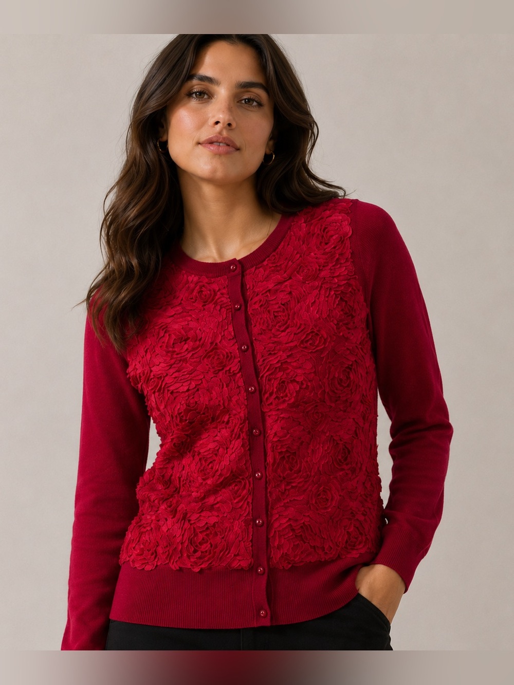 Covington Women’s Red Rosette Floral Cardigan Sweater Button Front Size L